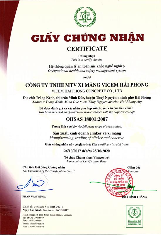 Chung nhan OHSAS 18001 Xi mang Vicem 1